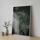Bitkisel Çizim Derin Yeşil Tonlar Tekli Gümüş Metal Çerçeveli Cam Tablo Ev Dekorasyonu