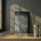 Bitkisel Çizim Derin Yeşil Tonlar Tekli Siyah Metal Çerçeveli Cam Tablo Yatak Odası
