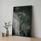 Bitkisel Çizim Derin Yeşil Tonlar Tekli Siyah Metal Çerçeveli Cam Tablo Yatak Odası