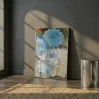 Dahlia Çiçekler Mavi Sarı Tonları Tekli Gold Metal Çerçeveli Cam Tablo Duvar Salon