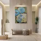 Dahlia Çiçekler Mavi Sarı Tonları Tekli Gümüş Metal Çerçeveli Cam Tablo Yatak Odası
