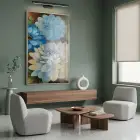 Dahlia Çiçekler Mavi Sarı Tonları Tekli Gümüş Metal Çerçeveli Cam Tablo Yatak Odası