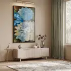 Dahlia Çiçekler Mavi Sarı Tonları Tekli Siyah Metal Çerçeveli Cam Tablo Yatak Odası