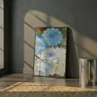 Dahlia Çiçekler Mavi Sarı Tonları Tekli Siyah Metal Çerçeveli Cam Tablo Yatak Odası