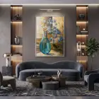 Vazoda Çiçek Mavi Bej Tonlar Tekli Gümüş Metal Çerçeveli Cam Tablo Salon Oturma