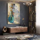 Vazoda Çiçek Mavi Bej Tonlar Tekli Gümüş Metal Çerçeveli Cam Tablo Salon Oturma