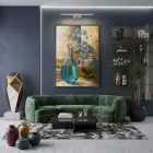 Vazoda Çiçek Mavi Bej Tonlar Tekli Siyah Metal Çerçeveli Cam Tablo Salon Oturma
