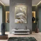 Lüks Tüy Altın Bej Tonlar Tekli Gold Metal Çerçeveli Cam Tablo Yatak Odası