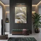 Lüks Tüy Altın Bej Tonlar Tekli Siyah Metal Çerçeveli Cam Tablo Salon Oturma