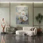 Büyülü Çiçekler Yeşil Altın Tonları Tekli Beyaz Metal Çerçeveli Cam Tablo Duvar Salon