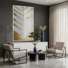 Soyut Yaprak Altın Bej Tekli Beyaz Metal Çerçeveli Cam Tablo Duvar Salon Aksesuarları