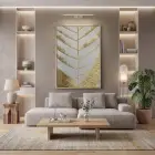 Soyut Yaprak Altın Bej Tekli Gold Metal Çerçeveli Cam Tablo Duvar Salon Aksesuarları
