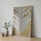 Soyut Yaprak Altın Bej Tekli Gold Metal Çerçeveli Cam Tablo Duvar Salon Aksesuarları