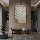Soyut Yaprak Altın Bej Tekli Siyah Metal Çerçeveli Cam Tablo Yatak Odası Koridor