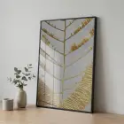 Soyut Yaprak Altın Bej Tekli Siyah Metal Çerçeveli Cam Tablo Yatak Odası Koridor