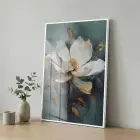 Manolya Çiçeği Mistik Yeşil Tonlar Tekli Beyaz Metal Çerçeveli Cam Tablo Ev Dekorasyonu