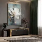 Manolya Çiçeği Mistik Yeşil Tonlar Tekli Gümüş Metal Çerçeveli Cam Tablo Duvar Salon