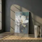 Manolya Çiçeği Mistik Yeşil Tonlar Tekli Gümüş Metal Çerçeveli Cam Tablo Duvar Salon