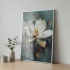 Manolya Çiçeği Mistik Yeşil Tonlar Tekli Gümüş Metal Çerçeveli Cam Tablo Duvar Salon