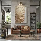 Dokulu Yaprak Sıcak Altın Tekli Gold Metal Çerçeveli Cam Tablo Ev Dekorasyonu Oda