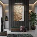 Dokulu Yaprak Sıcak Altın Tekli Siyah Metal Çerçeveli Cam Tablo Ev Dekorasyonu Oda