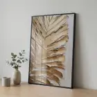 Dokulu Yaprak Sıcak Altın Tekli Siyah Metal Çerçeveli Cam Tablo Ev Dekorasyonu Oda