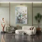 Hassas Çiçekler Su Yeşili Pastel Tekli Beyaz Metal Çerçeveli Cam Tablo Ev Dekorasyonu
