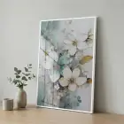 Hassas Çiçekler Su Yeşili Pastel Tekli Beyaz Metal Çerçeveli Cam Tablo Ev Dekorasyonu