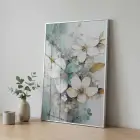 Hassas Çiçekler Su Yeşili Pastel Tekli Gümüş Metal Çerçeveli Cam Tablo Yatak Odası