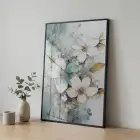Hassas Çiçekler Su Yeşili Pastel Tekli Siyah Metal Çerçeveli Cam Tablo Yatak Odası