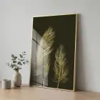 Süzülen Tüyler Koyu Altın Tekli Gold Metal Çerçeveli Cam Tablo Poster Dekoratif Obje