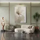 Geniş Çiçek Sıcak Krem Ton Tekli Gümüş Metal Çerçeveli Cam Tablo Duvar Salon