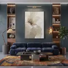 Geniş Çiçek Sıcak Krem Ton Tekli Siyah Metal Çerçeveli Cam Tablo Salon Oturma