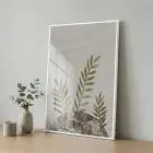 Bitkisel Yapraklar Doğal Toprak Tonları Tekli Beyaz Metal Çerçeveli Cam Tablo Yatak Odası