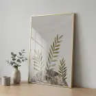 Bitkisel Yapraklar Doğal Toprak Tonları Tekli Gold Metal Çerçeveli Cam Tablo Poster Dekoratif