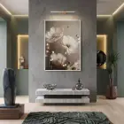 Narin Çiçekler Sıcak Bej Tonlar Tekli Beyaz Metal Çerçeveli Cam Tablo Yatak Odası