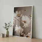 Narin Çiçekler Sıcak Bej Tonlar Tekli Beyaz Metal Çerçeveli Cam Tablo Yatak Odası