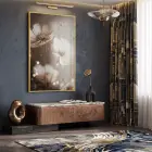 Narin Çiçekler Sıcak Bej Tonlar Tekli Gold Metal Çerçeveli Cam Tablo Yatak Odası