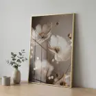 Narin Çiçekler Sıcak Bej Tonlar Tekli Gold Metal Çerçeveli Cam Tablo Yatak Odası