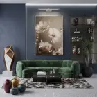 Narin Çiçekler Sıcak Bej Tonlar Tekli Gümüş Metal Çerçeveli Cam Tablo Salon Oturma