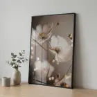 Narin Çiçekler Sıcak Bej Tonlar Tekli Siyah Metal Çerçeveli Cam Tablo Salon Oturma