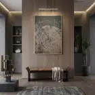 Odun Dokusu Kahve Gri Tonlar Tekli Gold Metal Çerçeveli Cam Tablo Duvar Salon