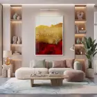 Soyut Manzara Altın Kızıl Tonlar Tekli Beyaz Metal Çerçeveli Cam Tablo Duvar Salon