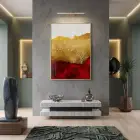 Soyut Manzara Altın Kızıl Tonlar Tekli Gold Metal Çerçeveli Cam Tablo Salon Oturma