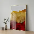 Soyut Manzara Altın Kızıl Tonlar Tekli Gold Metal Çerçeveli Cam Tablo Salon Oturma