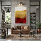 Soyut Manzara Altın Kızıl Tonlar Tekli Gümüş Metal Çerçeveli Cam Tablo Poster Dekoratif
