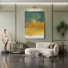 Soyut Ağaçlar Petrol Yeşili Altın Tekli Gold Metal Çerçeveli Cam Tablo Ev Dekorasyonu