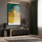 Soyut Ağaçlar Petrol Yeşili Altın Tekli Siyah Metal Çerçeveli Cam Tablo Poster Dekoratif