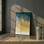 Soyut Ağaçlar Petrol Yeşili Altın Tekli Siyah Metal Çerçeveli Cam Tablo Poster Dekoratif