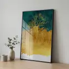 Soyut Ağaçlar Petrol Yeşili Altın Tekli Siyah Metal Çerçeveli Cam Tablo Poster Dekoratif